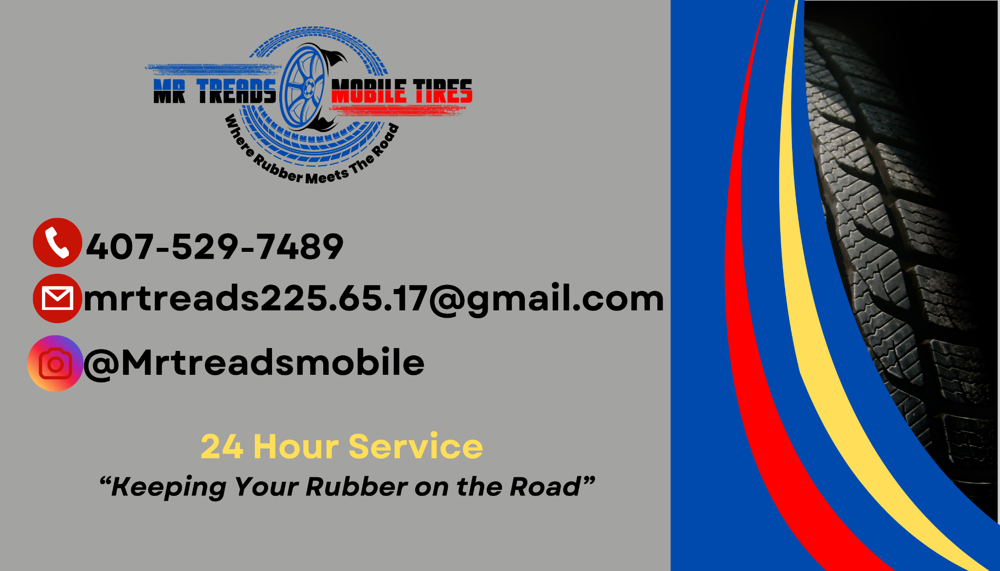Mr. Treads Mobile Tires business card