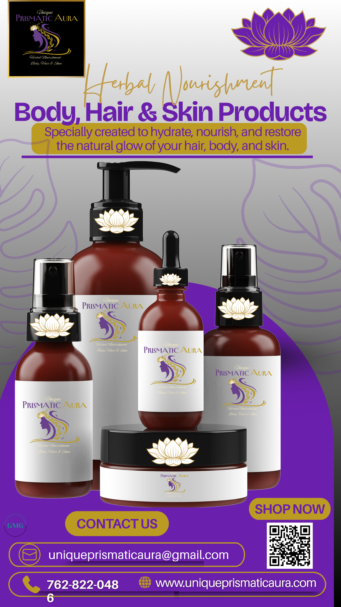 Unique Prismatic Aura body hair and skin products flyer